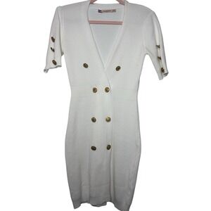 Azara Paris Size TU (One Size S-L) Cream Bodycon Dress Gold Buttons V Neck